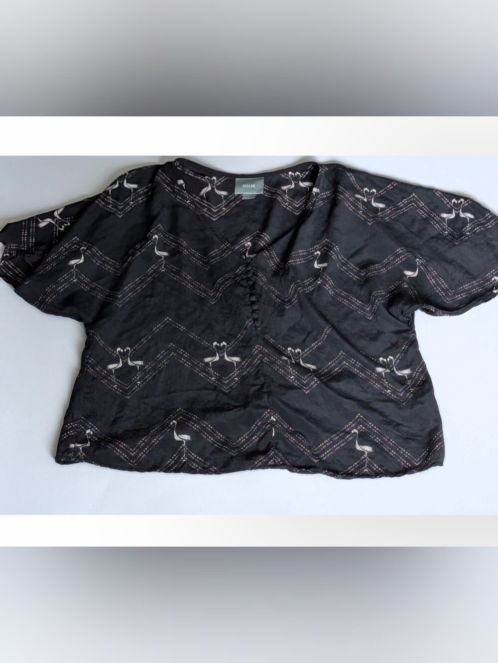 Anthropologie Maeve Black Silk Flamingo Button-Front Top - Size M - Flaw
